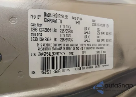 2006 Chrysler Town & Country Touring из США, поврежденный, VIN 2A4GP54L36R917776